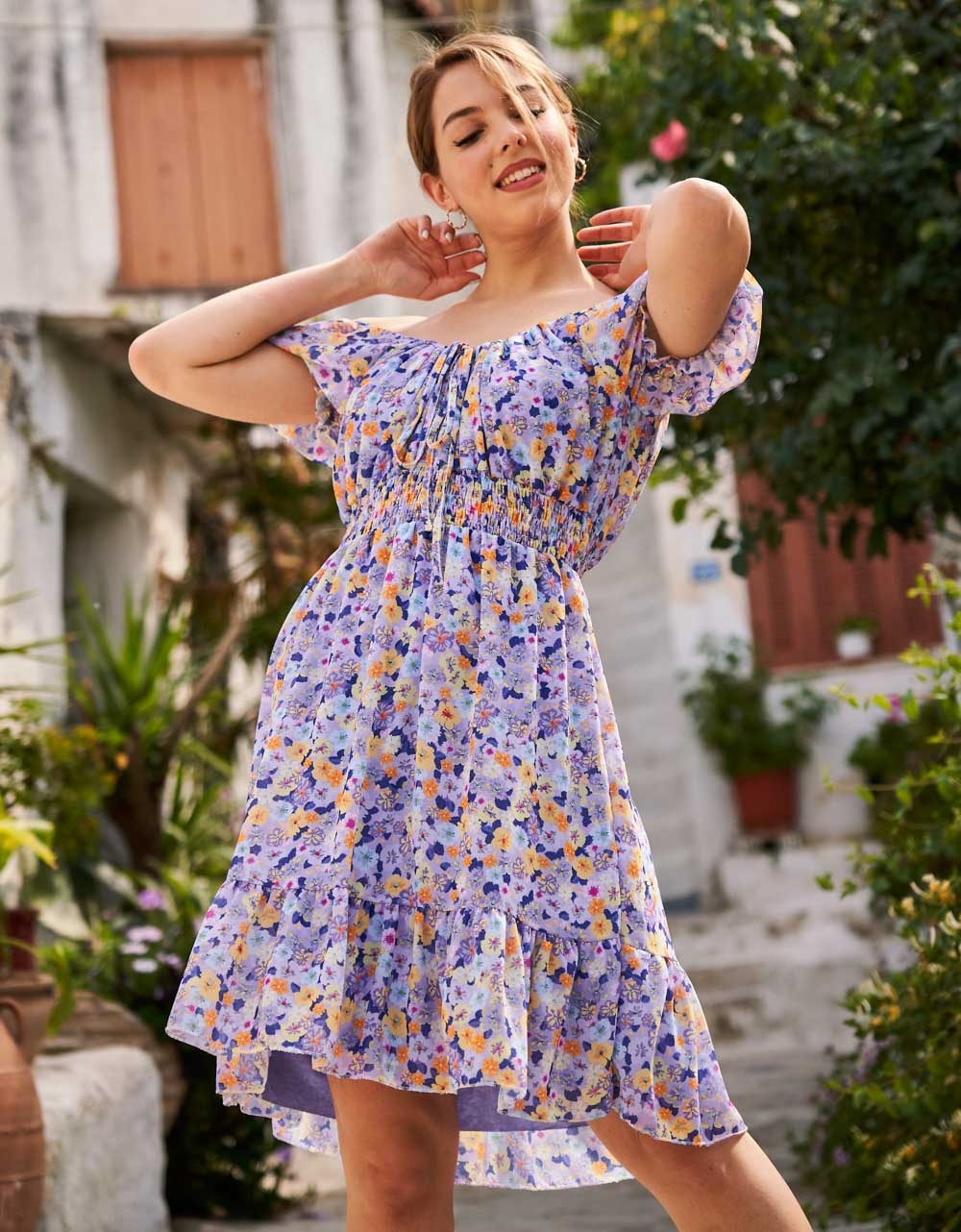 Εικόνα από Μίνι floral φόρεμα με βολάν Λιλά