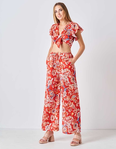 Εικόνα της Boho σετ crop top με παντελόνα Κόκκινο