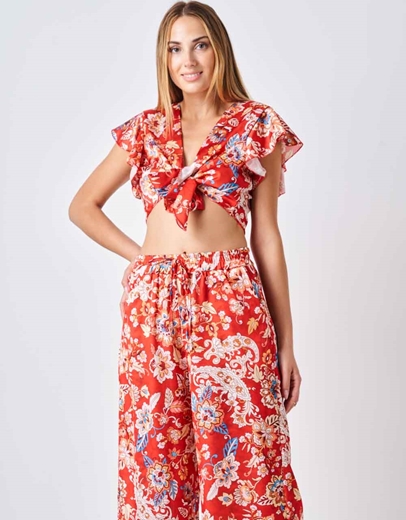 Εικόνα της Boho σετ crop top με παντελόνα Κόκκινο