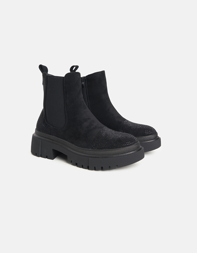 Εικόνα της Μποτάκια με strass και διπλή τρακτερωτή σόλα Μαύρο