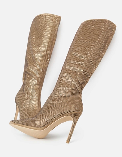 Εικόνα της Mυτερές μπότες με λεπτό τακούνι και strass Μπρονζέ
