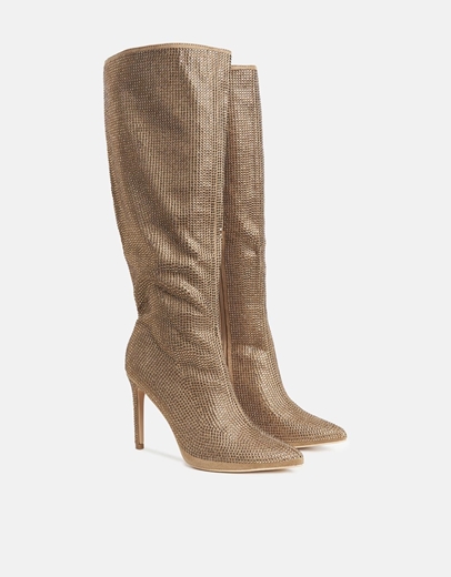Εικόνα της Mυτερές μπότες με λεπτό τακούνι και strass Μπρονζέ