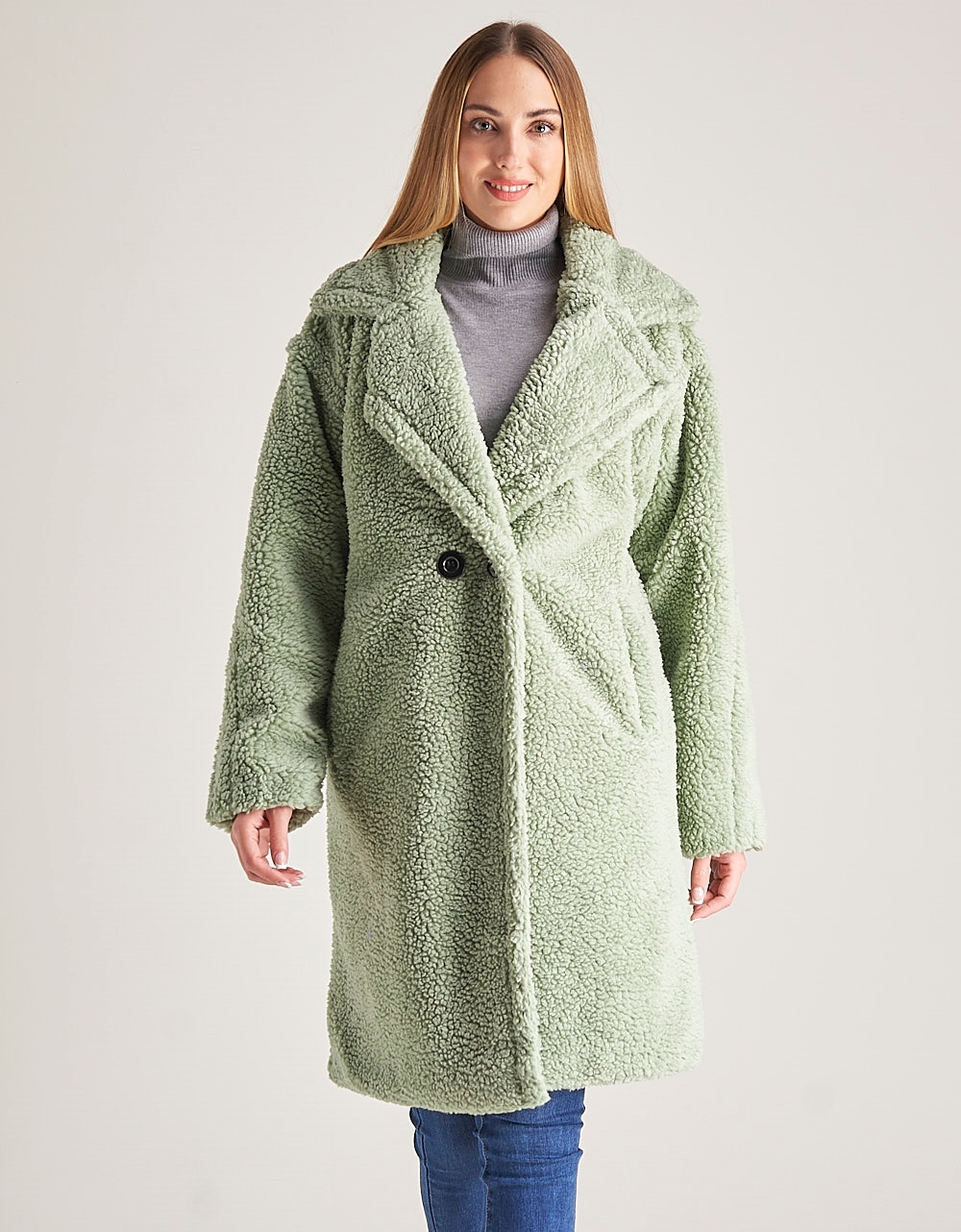 Εικόνα από Γυναικείo παλτό από οικολογική γούνα teddy με γιακά Μέντα