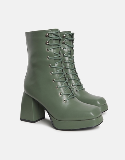 Εικόνα της Μποτάκια με τετράγωνο τακούνι και κορδόνια Πράσινο