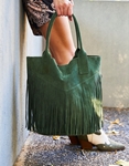 Εικόνα από Δερμάτινη τσάντα χειρός με κρόσια Πράσινο