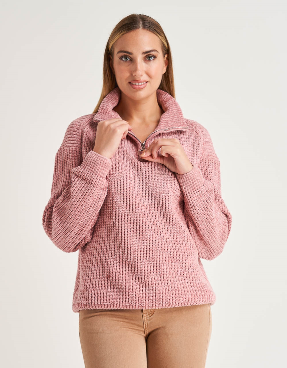 Εικόνα από Γυναικεία μπλούζα πλεκτή ζιβάγκο με φερμουάρ Ροζ