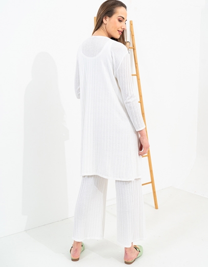 Εικόνα της Σετ τοπ,ζακέτα και παντελόνι σε ριπ ύφανση Λευκό