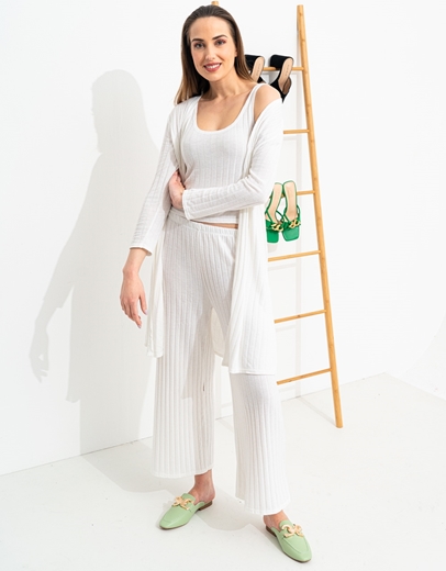 Εικόνα της Σετ τοπ,ζακέτα και παντελόνι σε ριπ ύφανση Λευκό