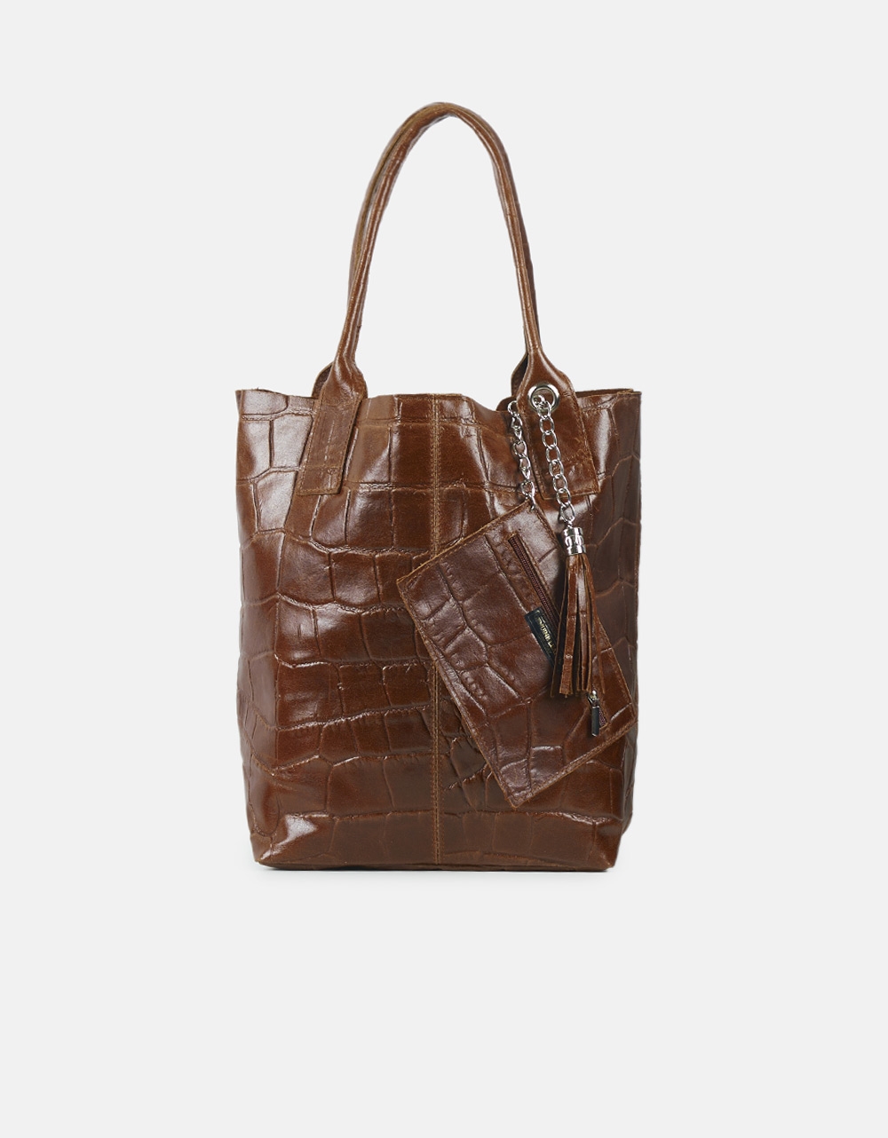 Εικόνα από Δερμάτινη τσάντα χειρός με πορτοφόλι μονόχρωμη Καφέ