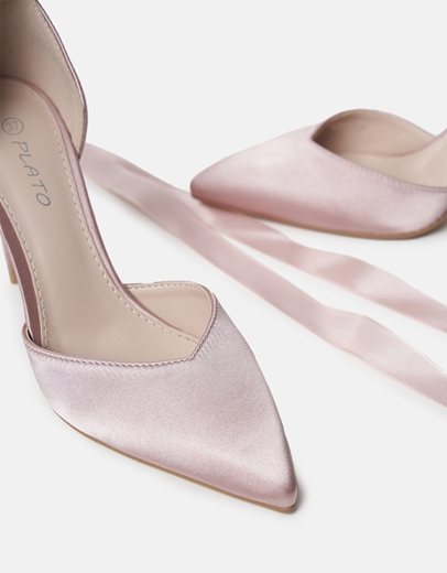 Εικόνα της Σατέν μυτερές γόβες με μπαρέτα και κορδέλα Ροζ