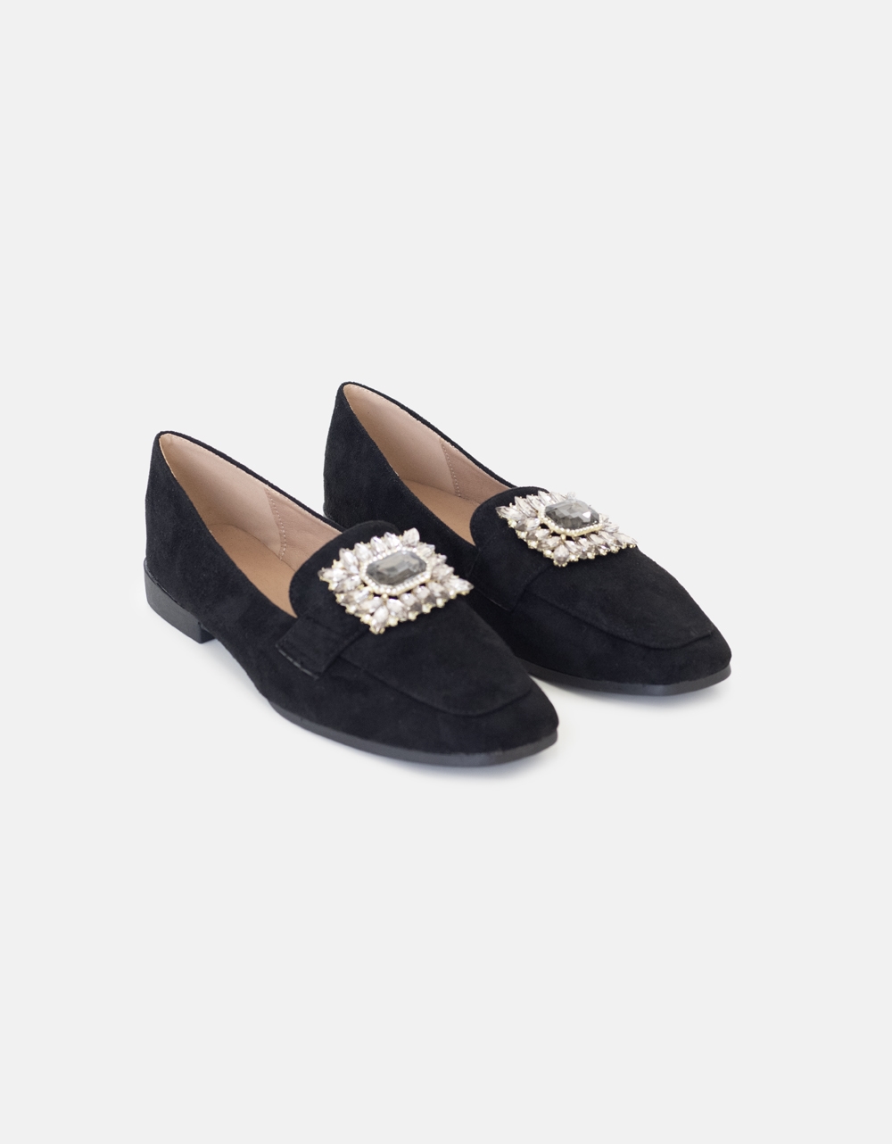 Εικόνα από Suede flat loafers με διακοσμητικά πετράδια Μαύρο