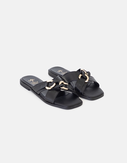 Εικόνα της Δερμάτινα σανδάλια με χιαστί σχέδιο και αλυσίδα Μαύρο