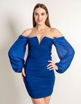 Εικόνα από Off shoulders μονόχρωμο μίνι φόρεμα με σούρες Μπλε