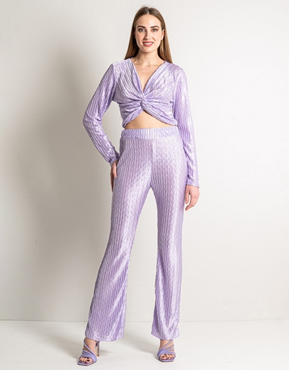 Εικόνα της Σετ μονόχρωμο παντελόνι με λάστιχο και crop top Λιλά