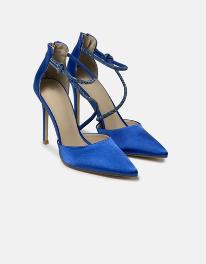 Εικόνα της Σατέν μυτερές γόβες με λεπτό τακούνι και strass Μπλε