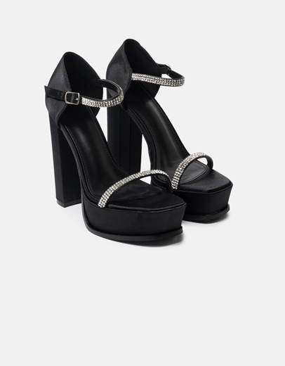 Εικόνα της Σατέν ψηλοτάκουνα πέδιλα με τετράγωνο τακούνι Μαύρο