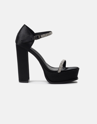 Εικόνα της Σατέν ψηλοτάκουνα πέδιλα με τετράγωνο τακούνι Μαύρο