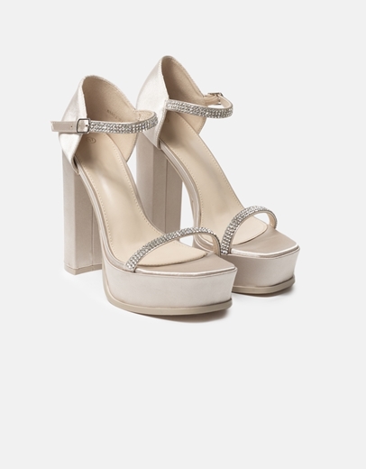 Εικόνα της Σατέν ψηλοτάκουνα πέδιλα με τετράγωνο τακούνι Μπεζ