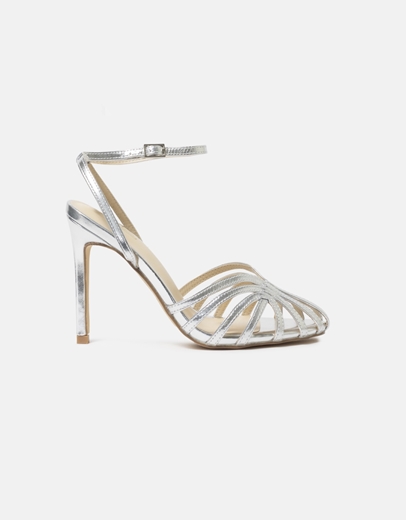 Εικόνα της Πέδιλο ψηλοτάκουνο με λεπτό τακούνι και μπαρέτα Ασημί