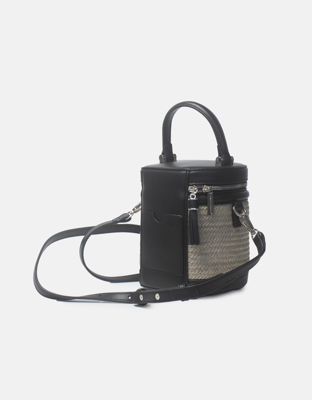 Εικόνα από Ψάθινη τσάντα χειρός με κυλινδρικό σχήμα Μαύρο