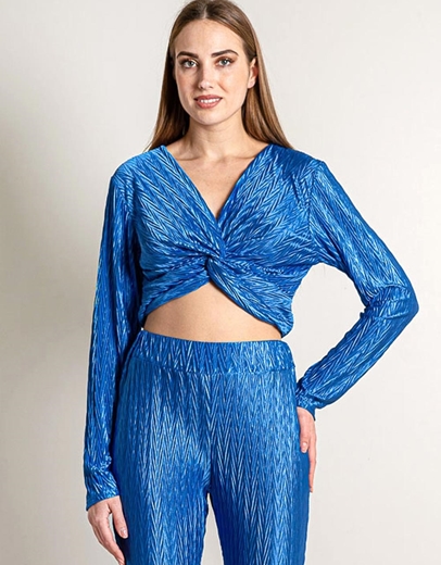 Εικόνα της Σετ μονόχρωμο παντελόνι με λάστιχο και crop top Μπλε