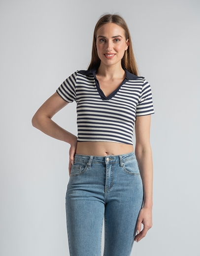 Εικόνα της Κοντομάνικο crop top με ρίγες και γιακά Navy