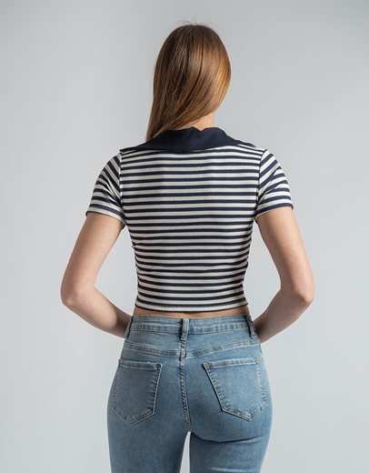 Εικόνα της Κοντομάνικο crop top με ρίγες και γιακά Navy