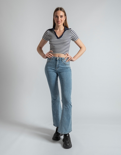 Εικόνα της Κοντομάνικο crop top με ρίγες και γιακά Navy