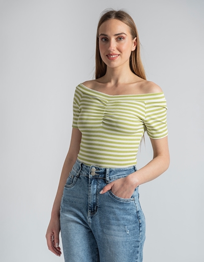 Εικόνα της Off shoulders top με ρίγες σε ριπ ύφανση Πράσινο