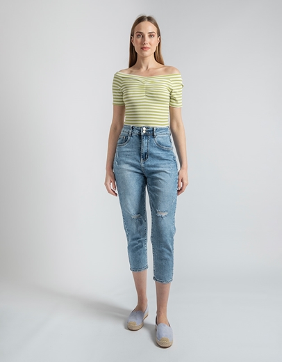 Εικόνα της Off shoulders top με ρίγες σε ριπ ύφανση Πράσινο