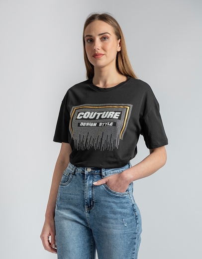 Εικόνα της Βαμβακερό t-shirt με σχέδιο από strass Μαύρο