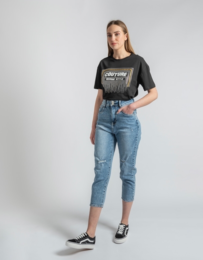 Εικόνα της Βαμβακερό t-shirt με σχέδιο από strass Μαύρο