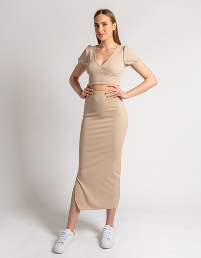 Εικόνα της Σετ μονόχρωμη φούστα με σκίσιμο και crop top Μπεζ