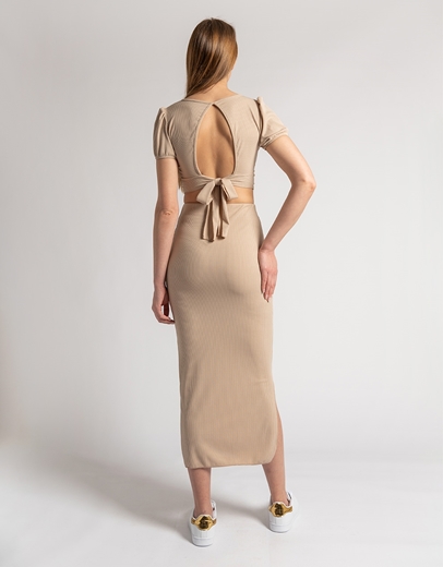 Εικόνα της Σετ μονόχρωμη φούστα με σκίσιμο και crop top Μπεζ