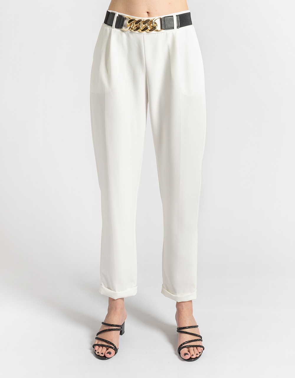 Εικόνα από Υφασμάτινο παντελόνι με ρεβέρ και ελαστική ζώνη Λευκό