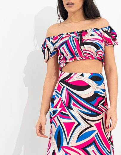 Εικόνα της Εμπριμέ σετ midi φούστα και crop top Ροζ