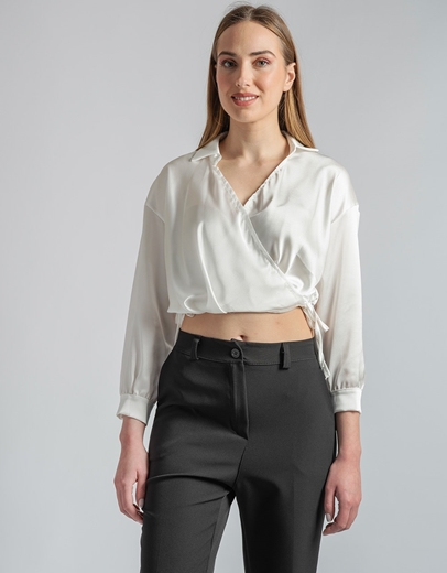 Εικόνα της Κρουαζέ μονόχρωμο crop top με δέσιμο στο πλάι Λευκό