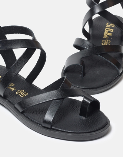 Εικόνα της Δερμάτινα flat σανδάλια Ελληνικής Κατασκευής με χιαστί σχέδιο Μαύρο