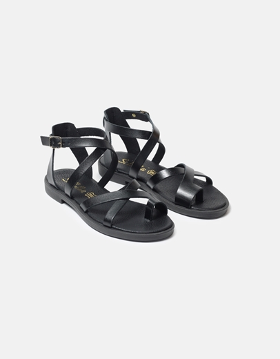 Εικόνα της Δερμάτινα flat σανδάλια Ελληνικής Κατασκευής με χιαστί σχέδιο Μαύρο