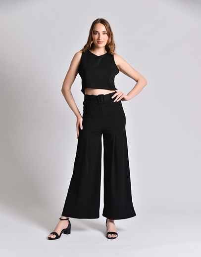 Εικόνα της Σετ ψηλόμεσο παντελόνι και αμάνικο crop top Μαύρο
