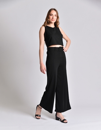 Εικόνα της Σετ ψηλόμεσο παντελόνι και αμάνικο crop top Μαύρο