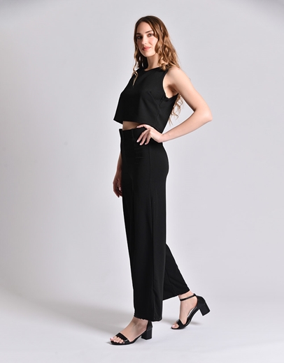 Εικόνα της Σετ ψηλόμεσο παντελόνι και αμάνικο crop top Μαύρο