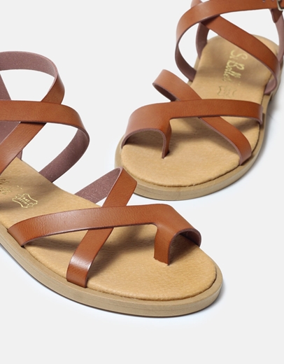 Εικόνα της Δερμάτινα flat σανδάλια Ελληνικής Κατασκευής με χιαστί σχέδιο Ταμπά