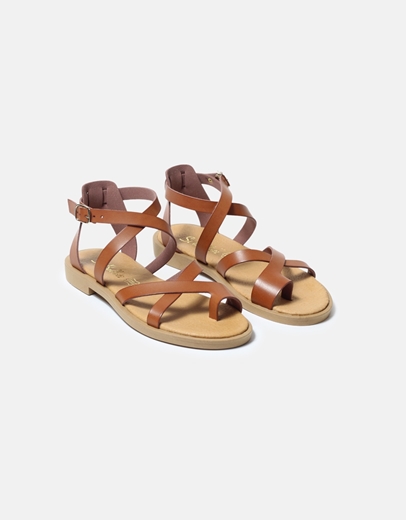 Εικόνα της Δερμάτινα flat σανδάλια Ελληνικής Κατασκευής με χιαστί σχέδιο Ταμπά