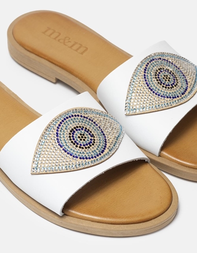 Εικόνα της Δερμάτινα σανδάλια Ελληνικής κατασκευής με σχέδιο μάτι Λευκό