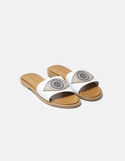 Εικόνα της Δερμάτινα σανδάλια Ελληνικής κατασκευής με σχέδιο μάτι Λευκό