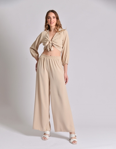 Εικόνα της Σετ μονόχρωμη παντελόνα και crop top με δέσιμο Μπεζ