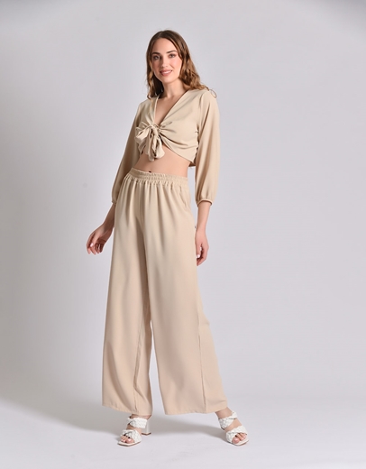 Εικόνα της Σετ μονόχρωμη παντελόνα και crop top με δέσιμο Μπεζ