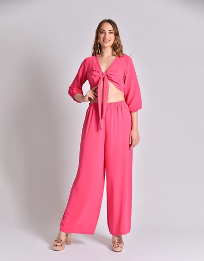 Εικόνα της Σετ μονόχρωμη παντελόνα και crop top με δέσιμο Φούξια