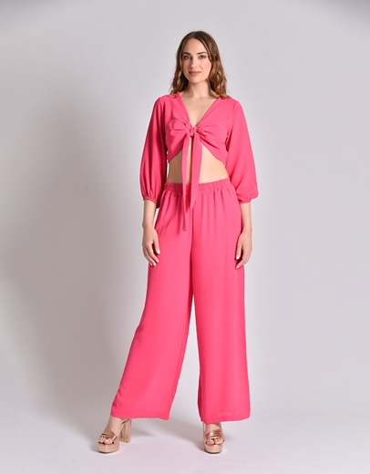 Εικόνα της Σετ μονόχρωμη παντελόνα και crop top με δέσιμο Φούξια